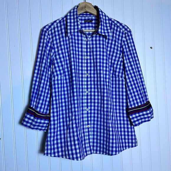 J. McLaughlin Women 12 Check Plaid White Blue Button Down Cotton Casual Shirt - Picture 4 of 8